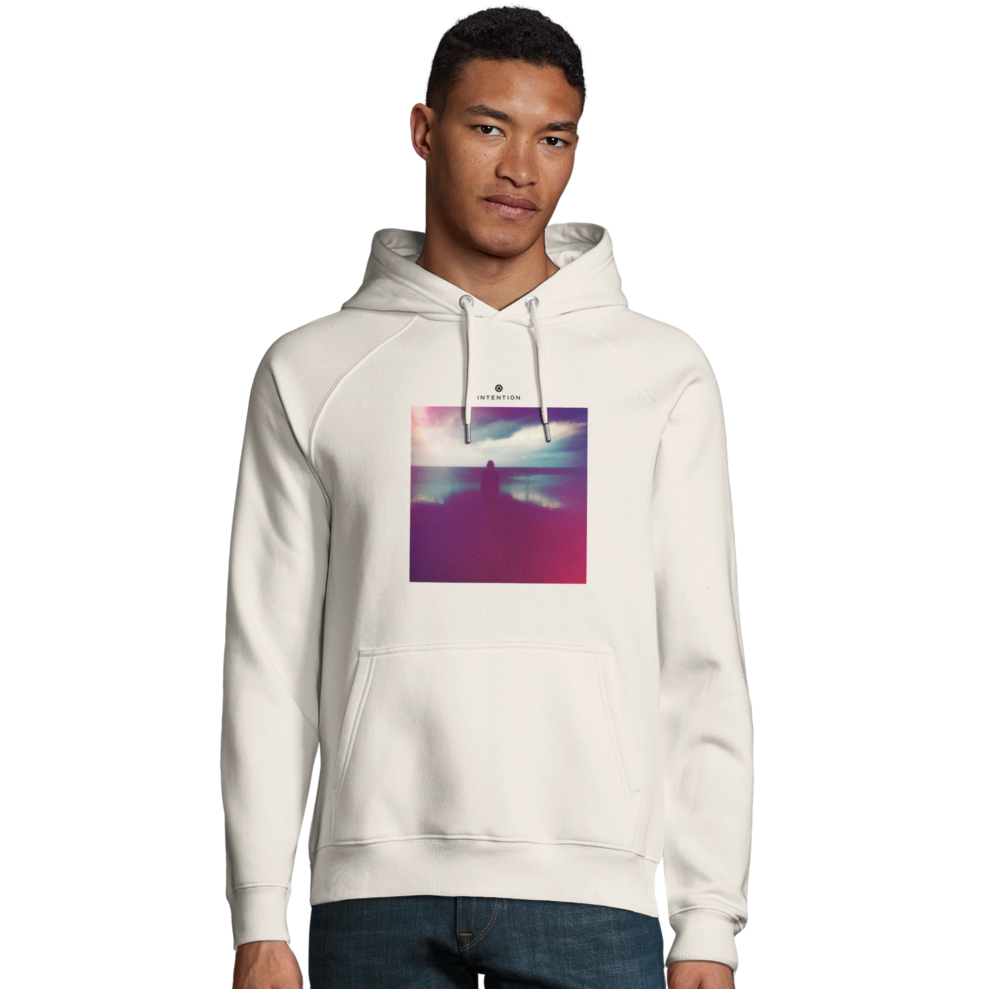Serenity Indigo Sky Organic Unisex Hoodie Off White model front