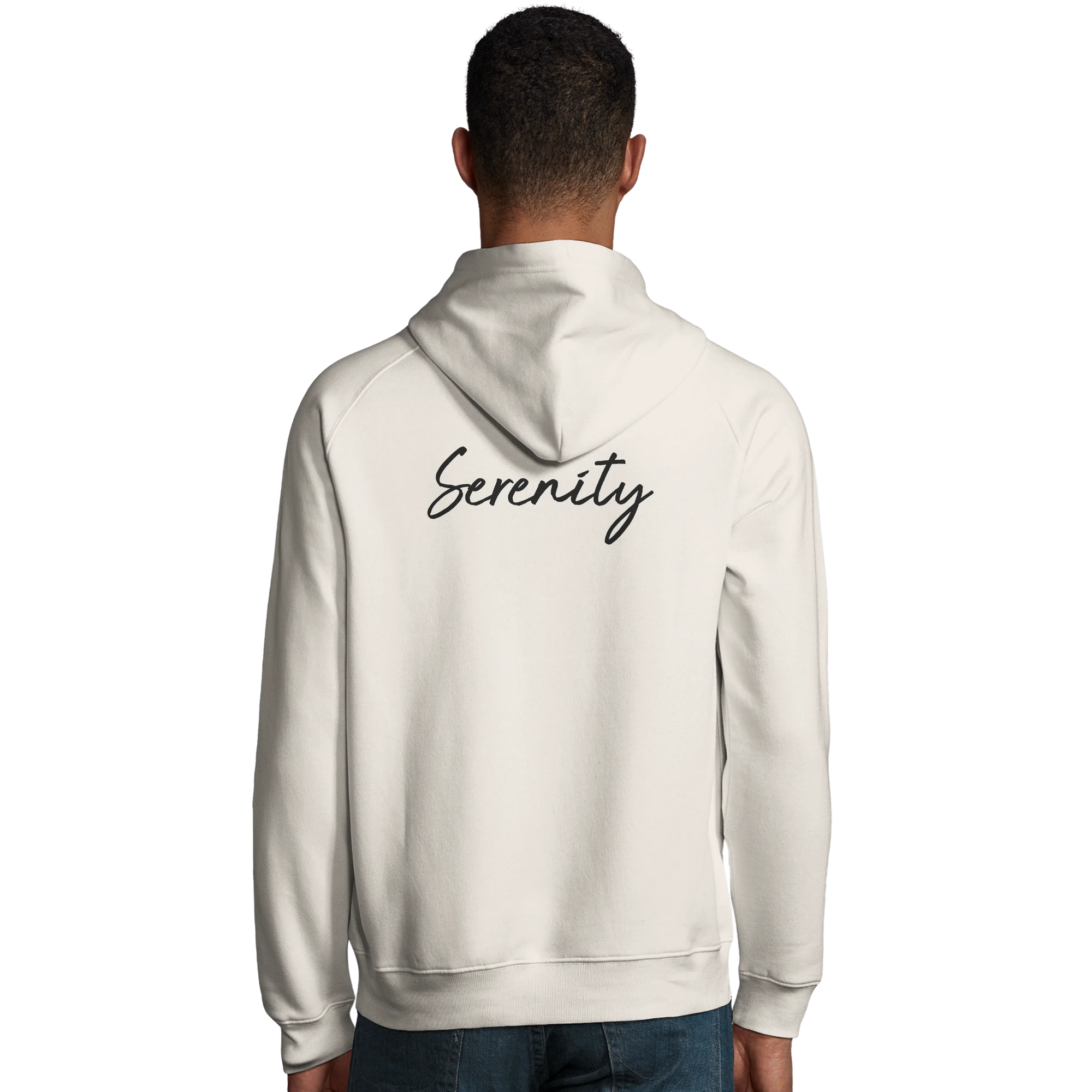 Serenity Indigo Sky Organic Unisex Hoodie Off White model back