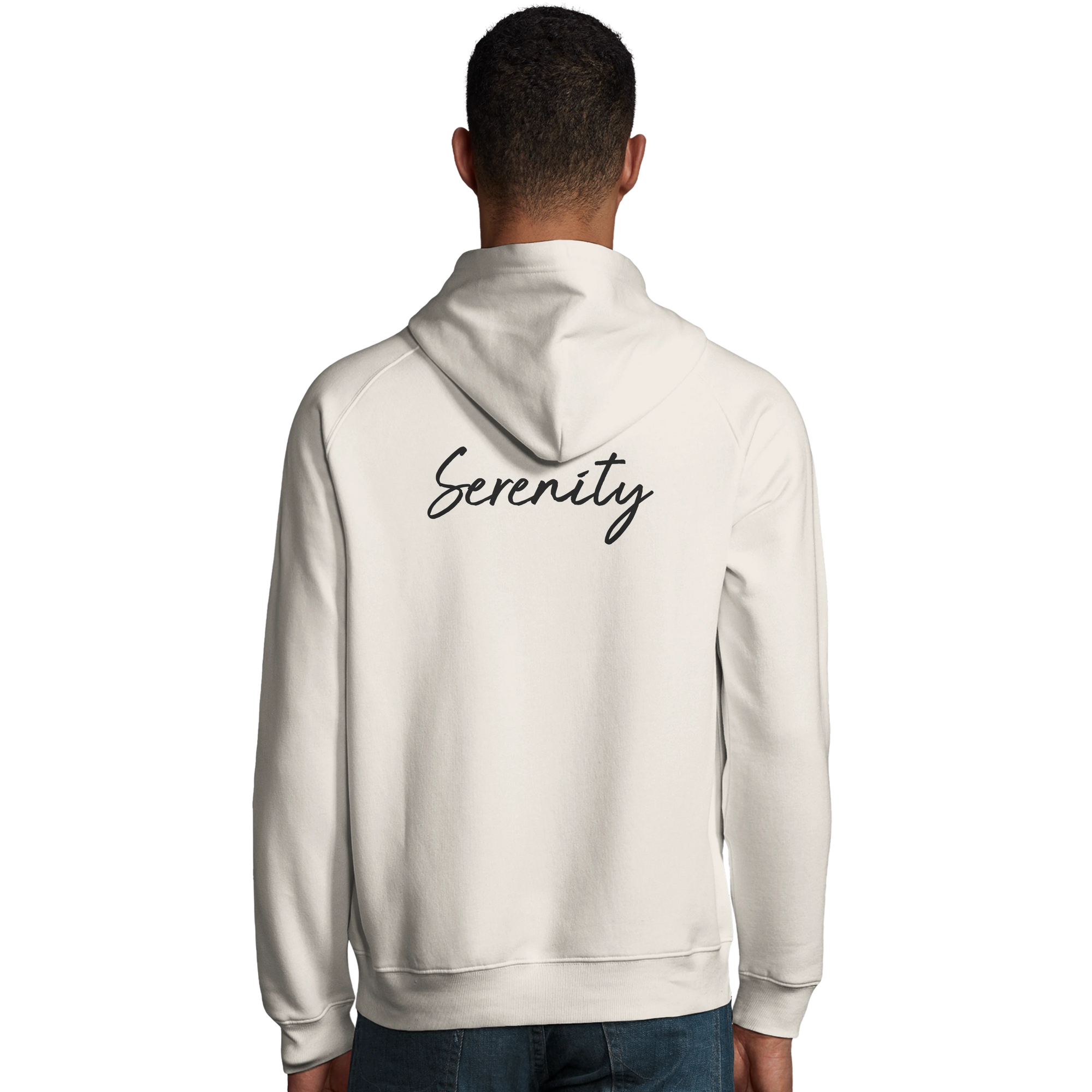 Serenity Indigo Sky Organic Unisex Hoodie Off White model back