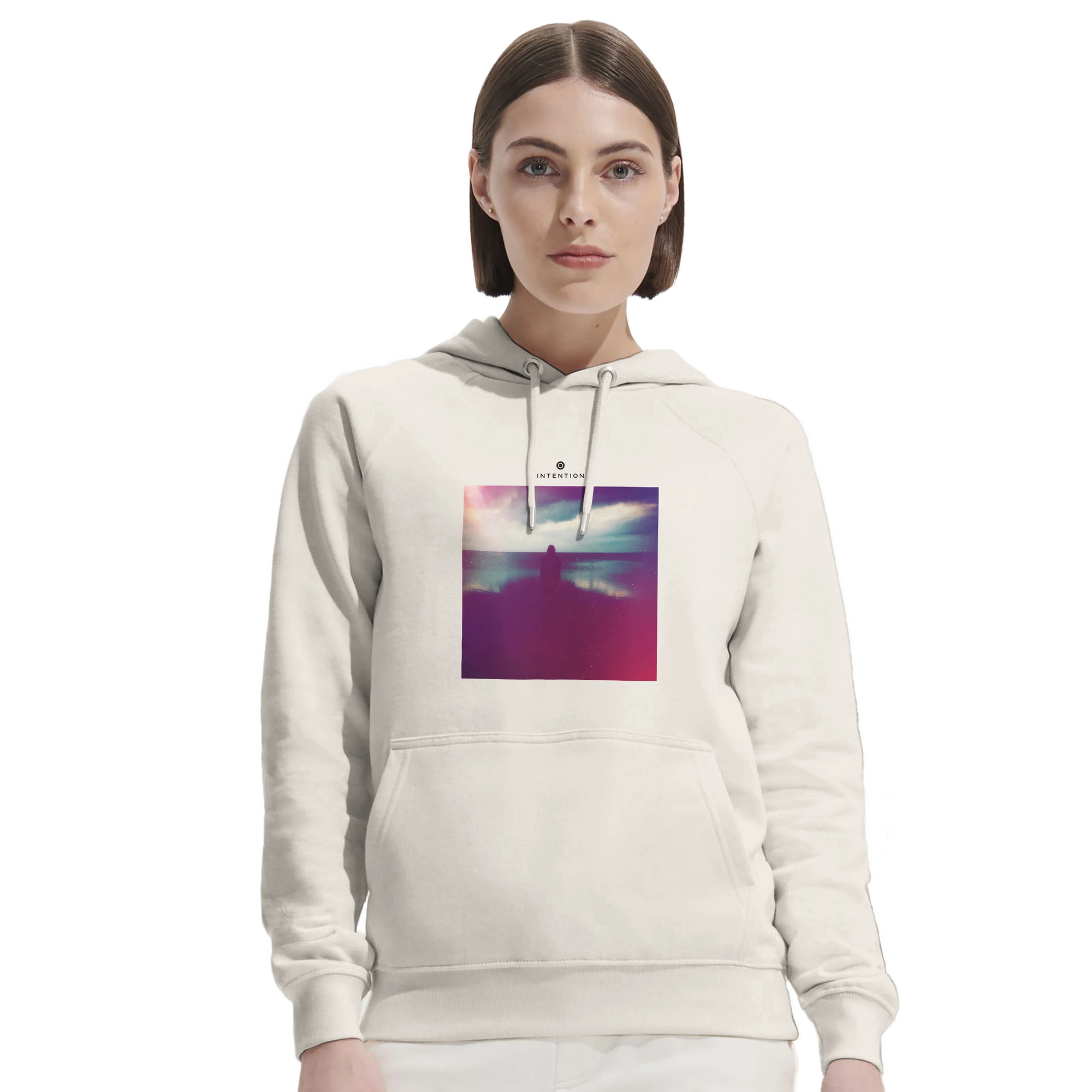 Serenity Indigo Sky Organic Unisex Hoodie Off White second model front