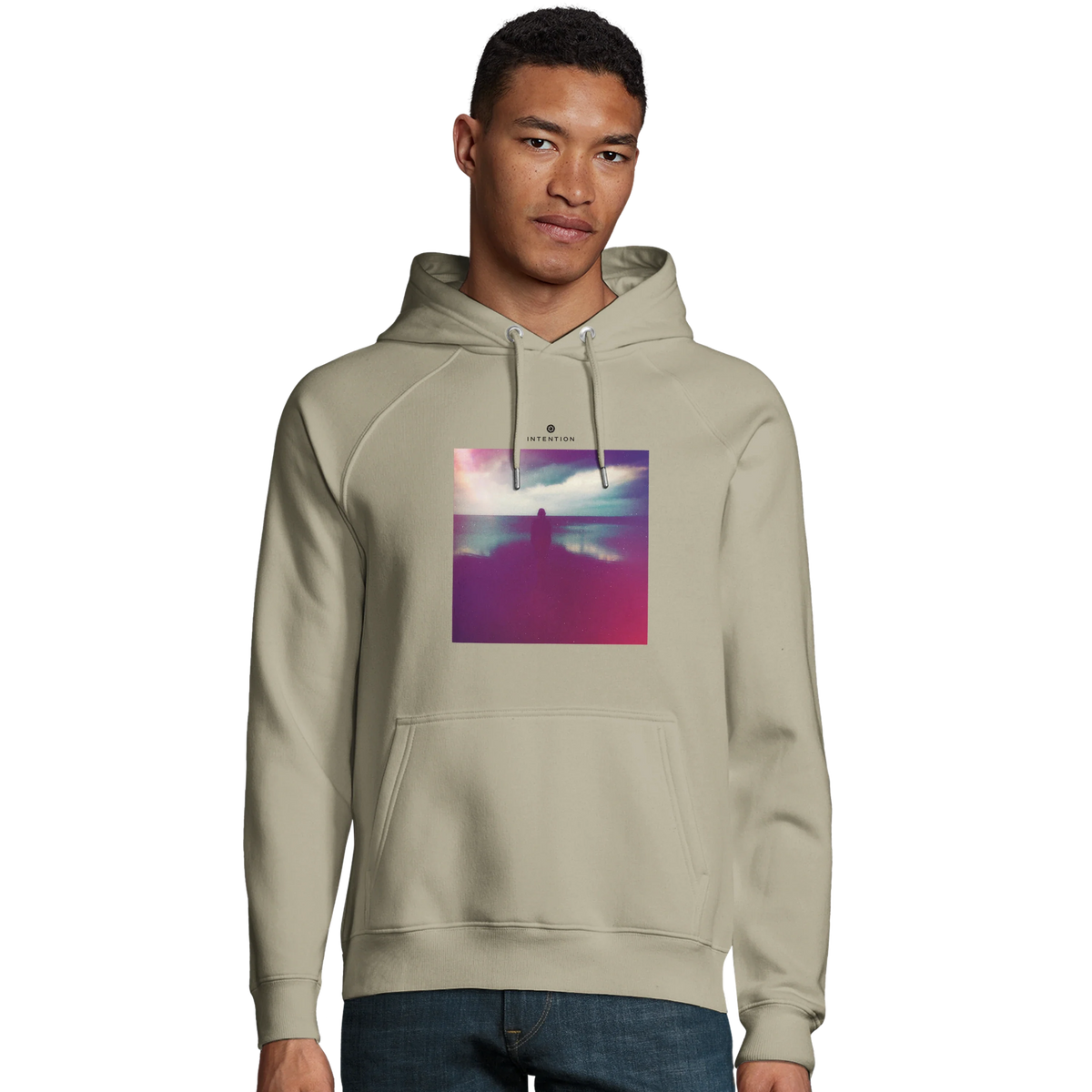 Serenity Indigo Sky Organic Unisex Hoodie Rope model front