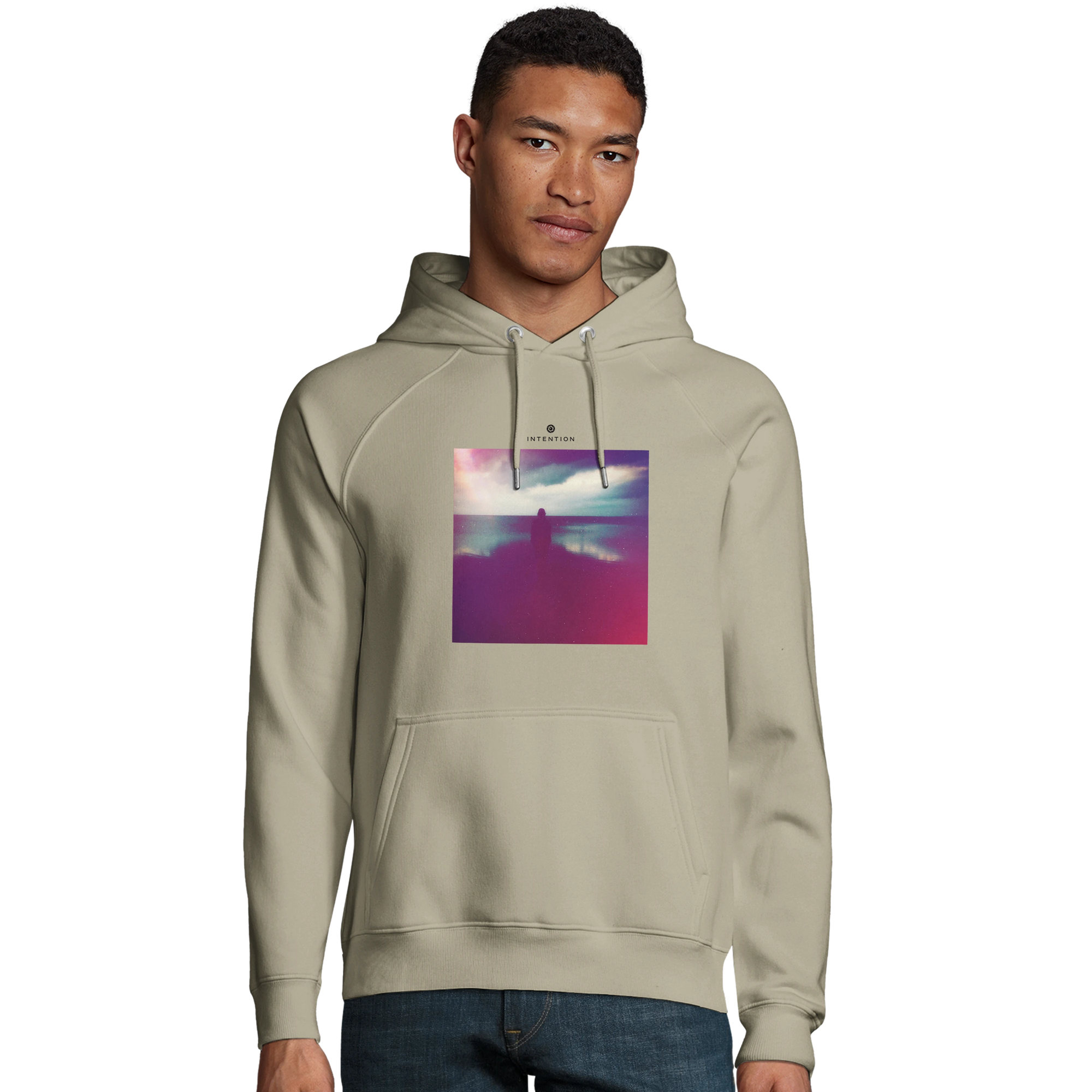 Serenity Indigo Sky Organic Unisex Hoodie Rope model front