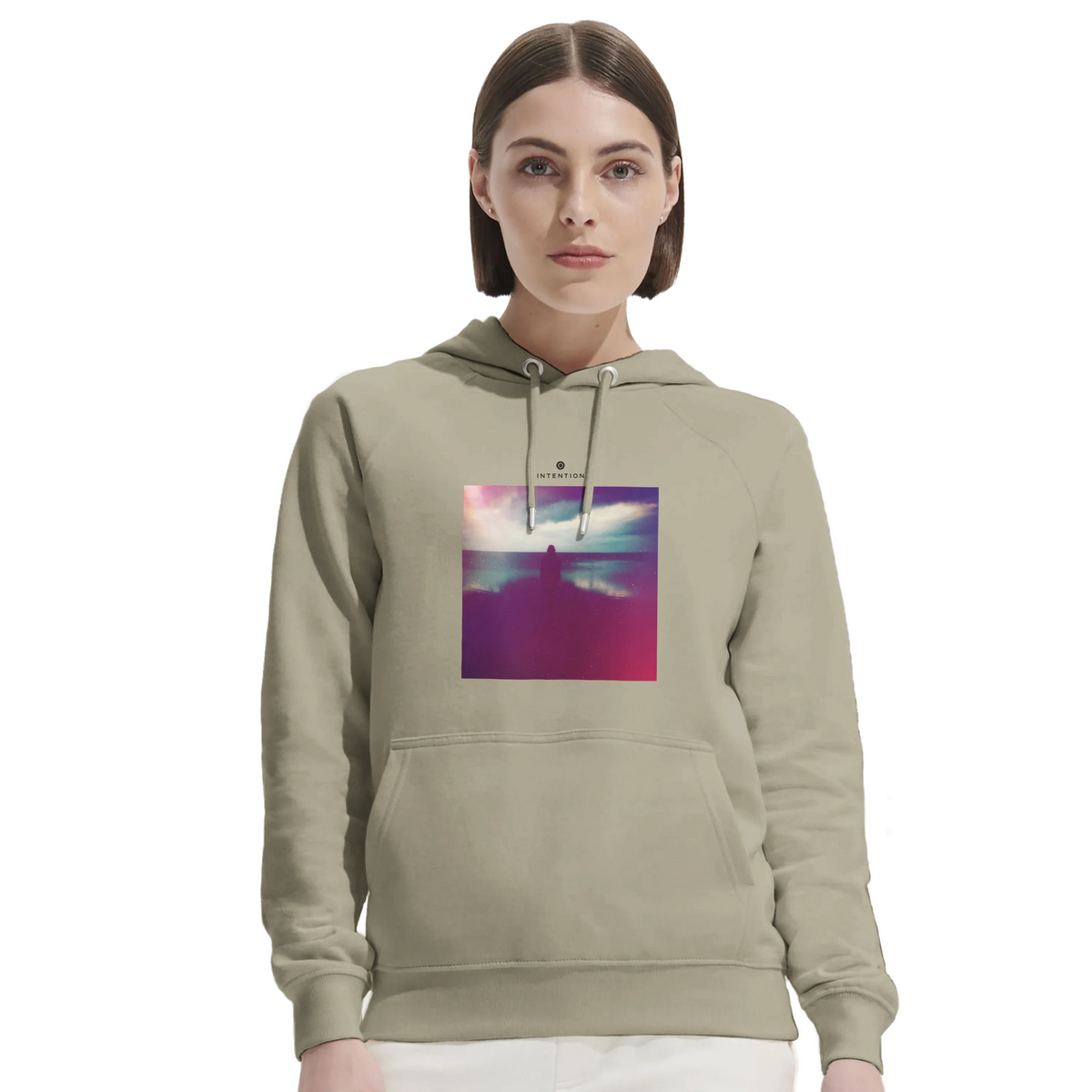 Serenity Indigo Sky Organic Unisex Hoodie Rope second model front