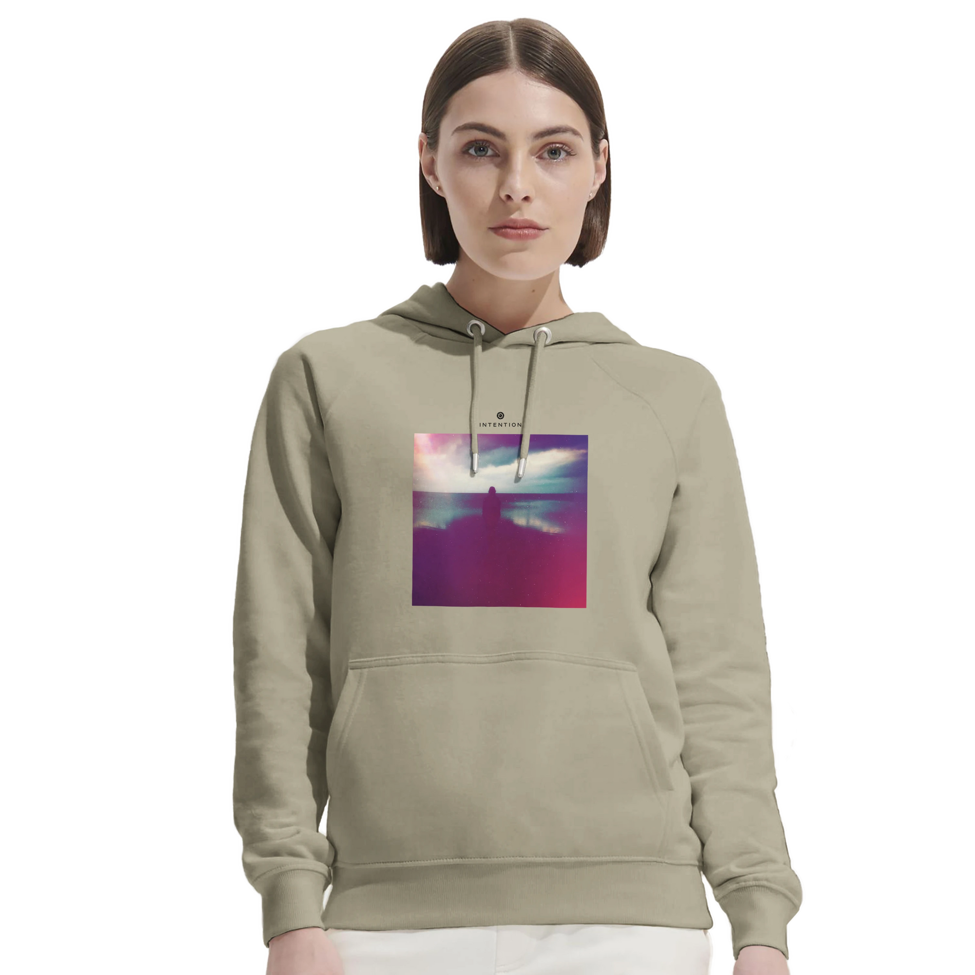 Serenity Indigo Sky Organic Unisex Hoodie Rope second model front