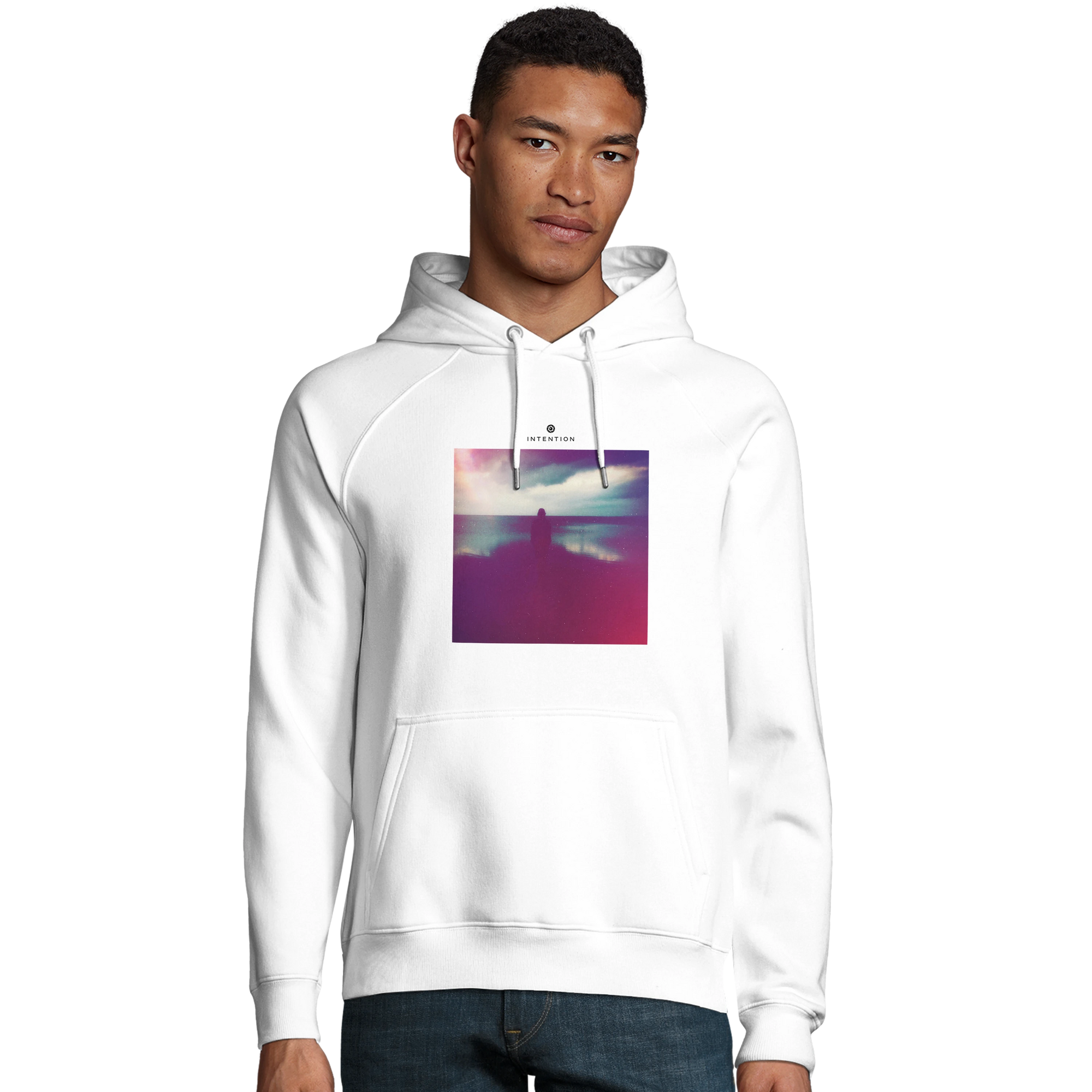 Serenity Indigo Sky Organic Unisex Hoodie White model front