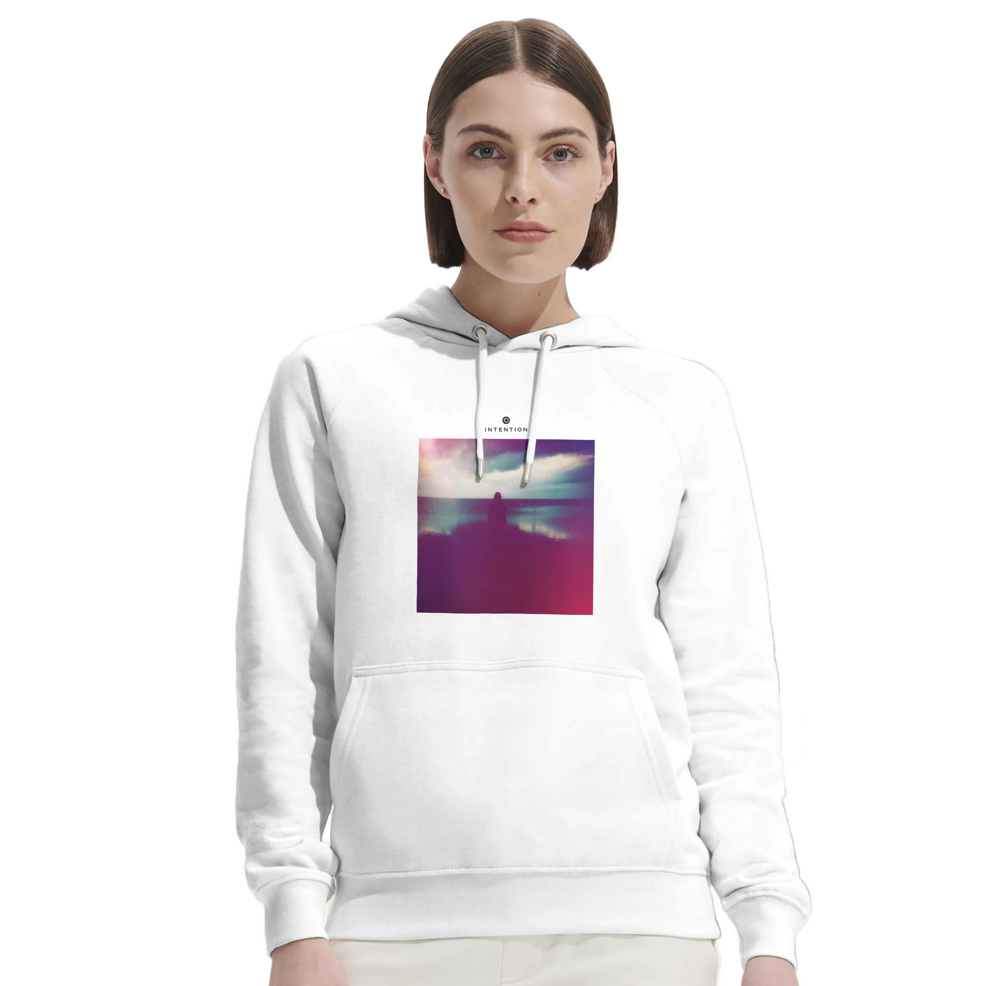 Serenity Indigo Sky Organic Unisex Hoodie White second model front