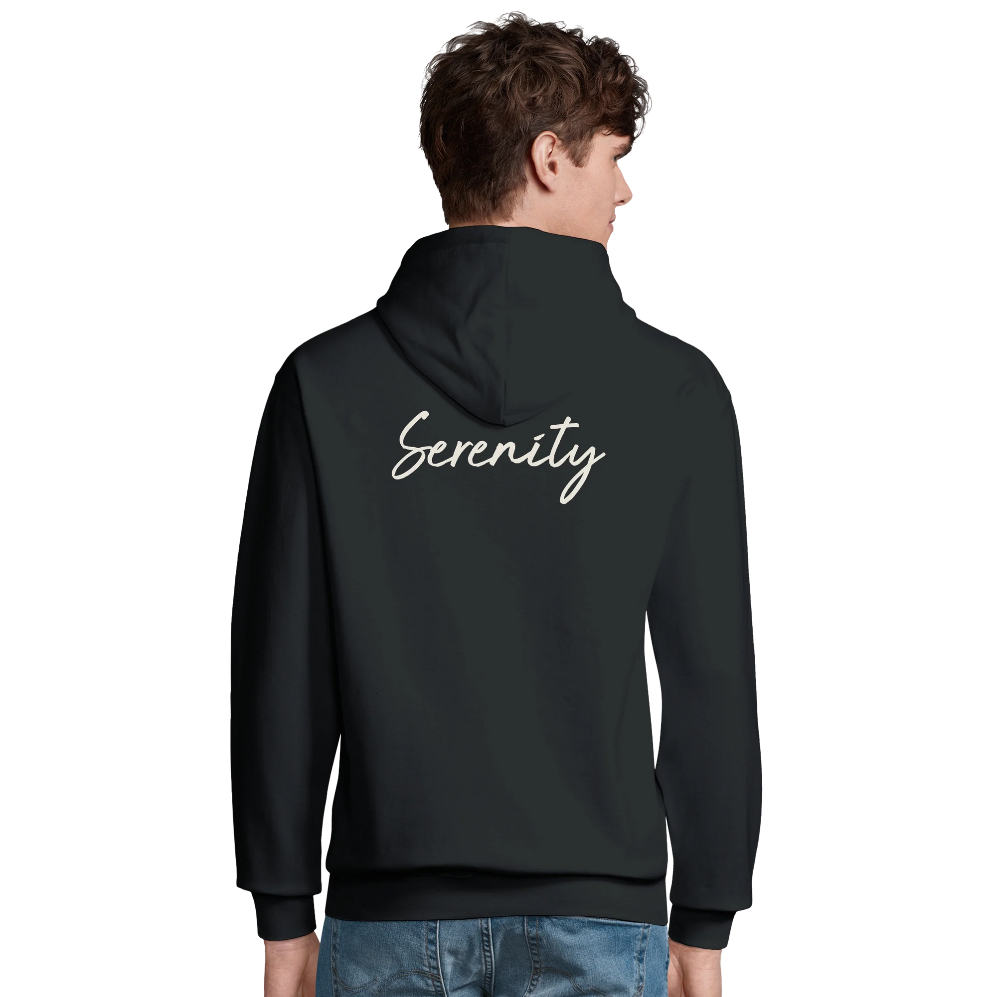 Serenity Indigo Sky Recycled Blend Unisex Hoodie Black model back