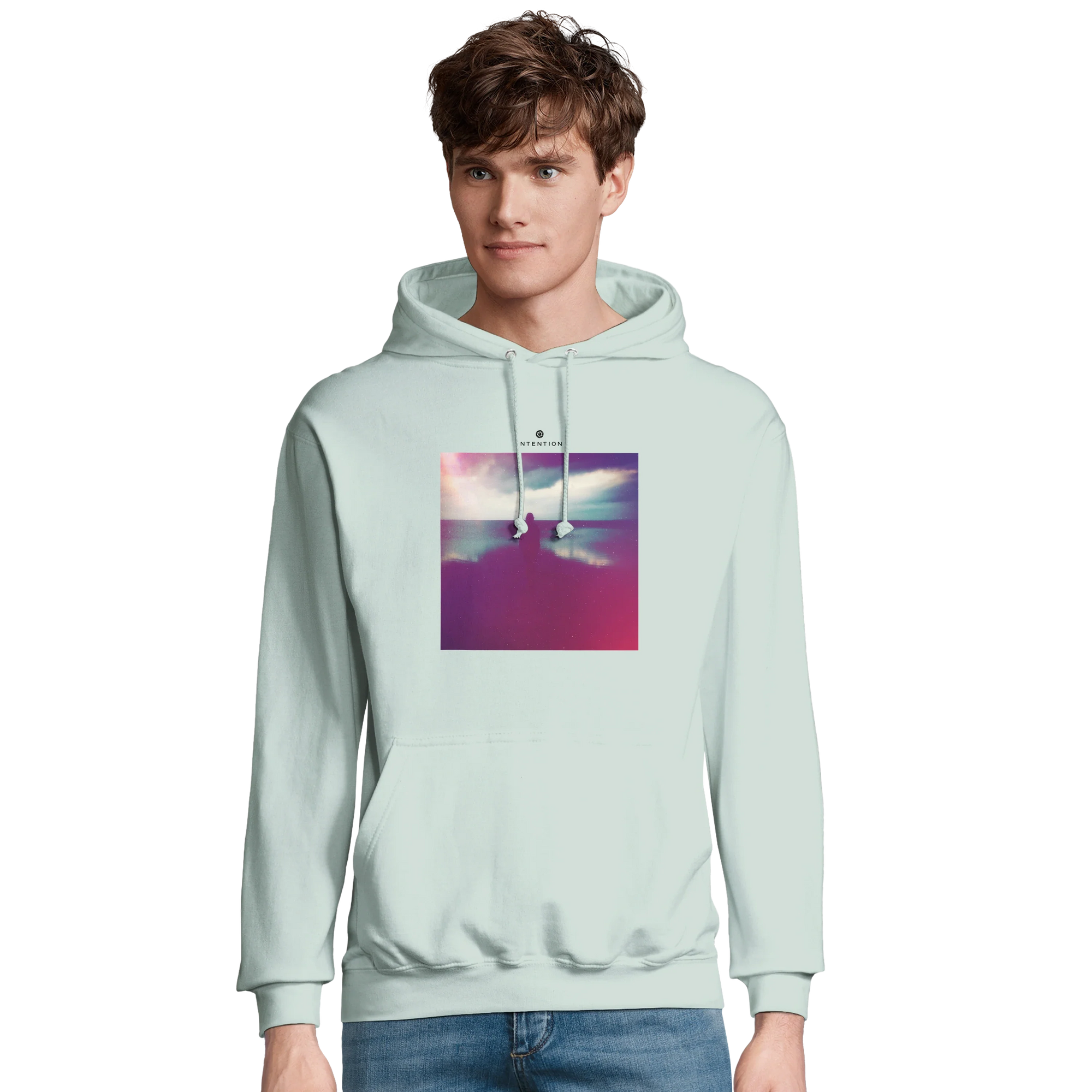 Serenity Indigo Sky Recycled Blend Unisex Hoodie creamy green model front