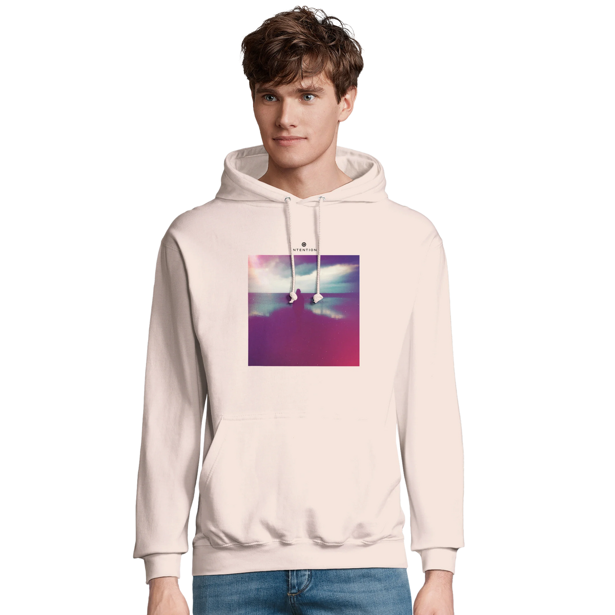 Serenity Indigo Sky Recycled Blend Unisex Hoodie creamy pink model front