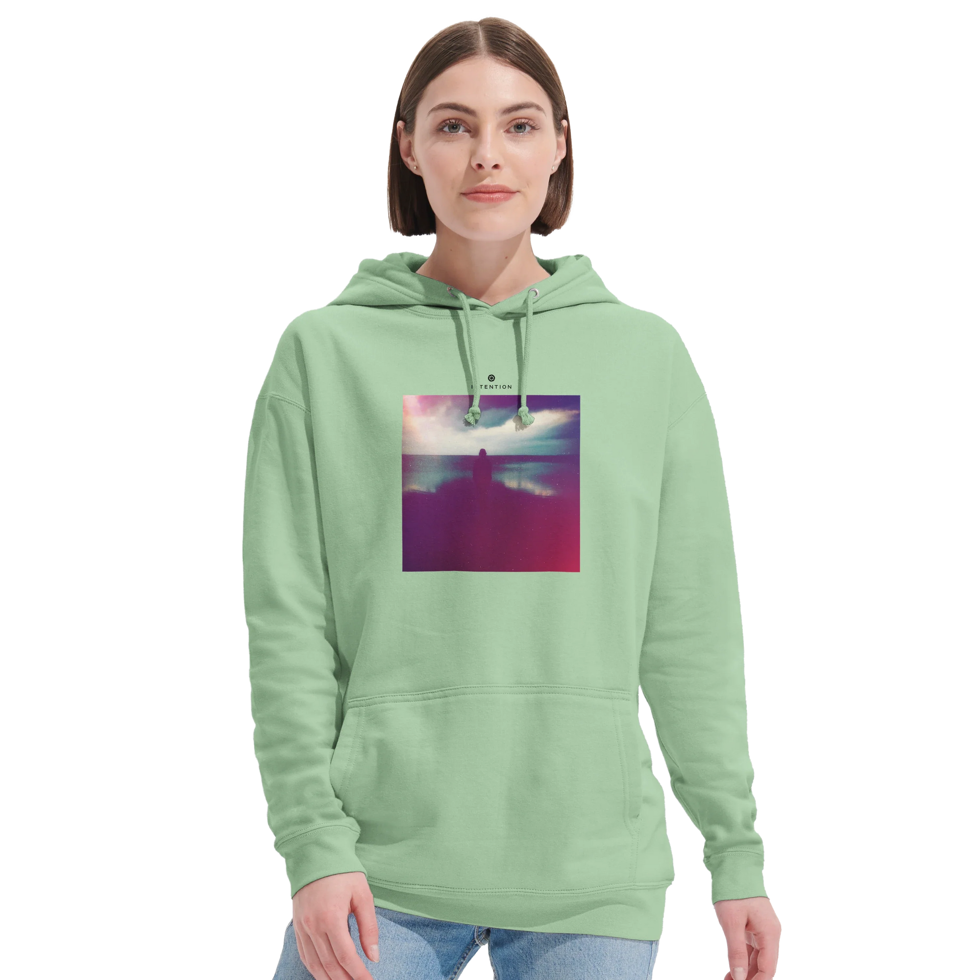 Serenity Indigo Sky Recycled Blend Unisex Hoodie frozen green second model front
