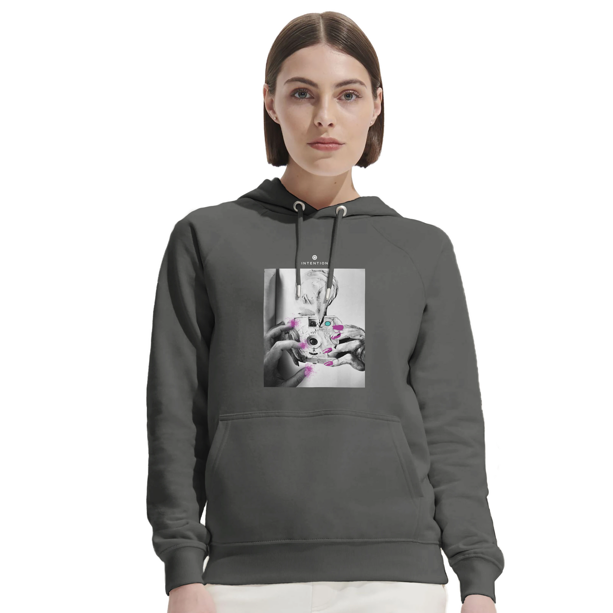 Synergy Synch'd Hands Organic Unisex Hoodie charcoal melange second model front