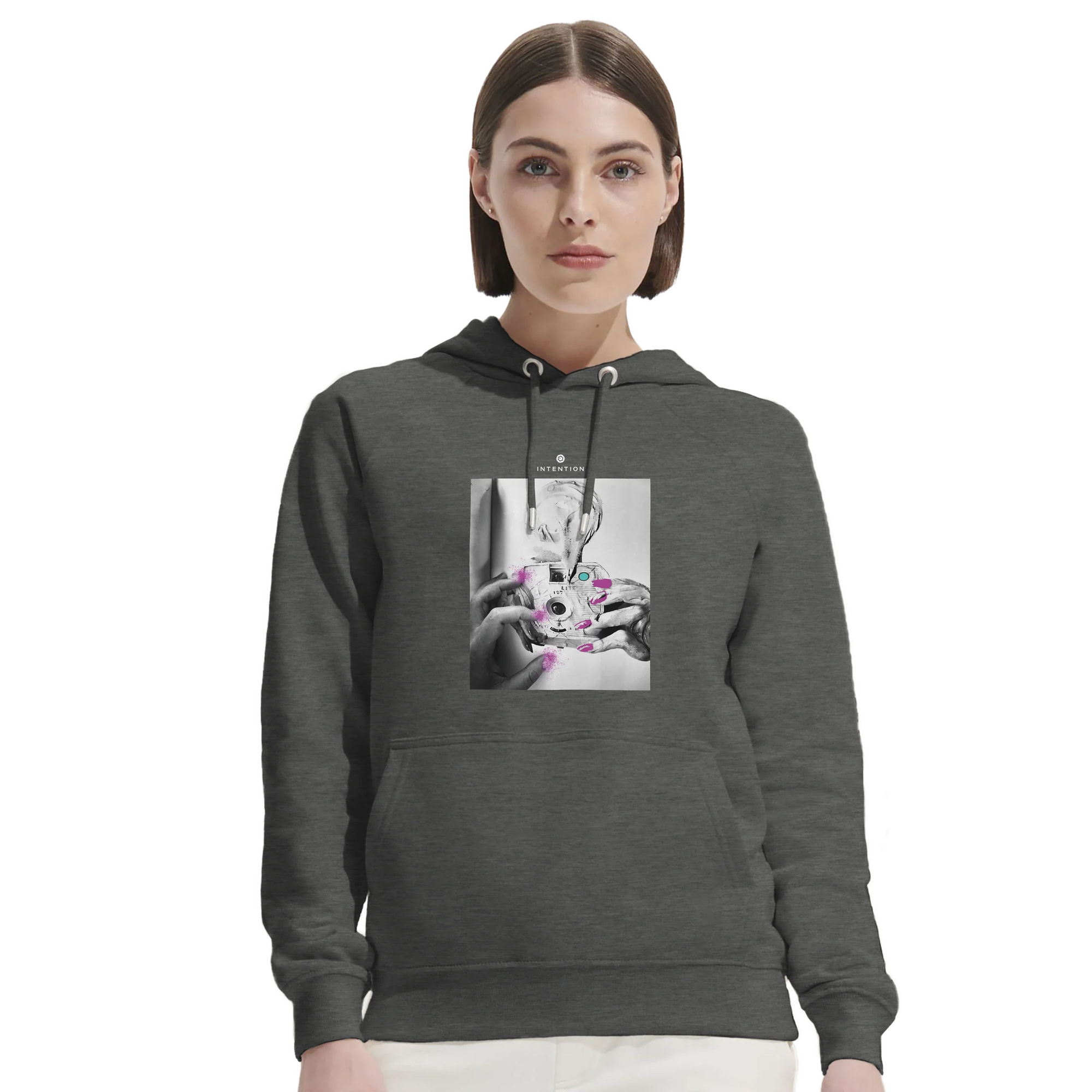 Synergy Synch'd Hands Organic Unisex Hoodie Grey Melange second model front