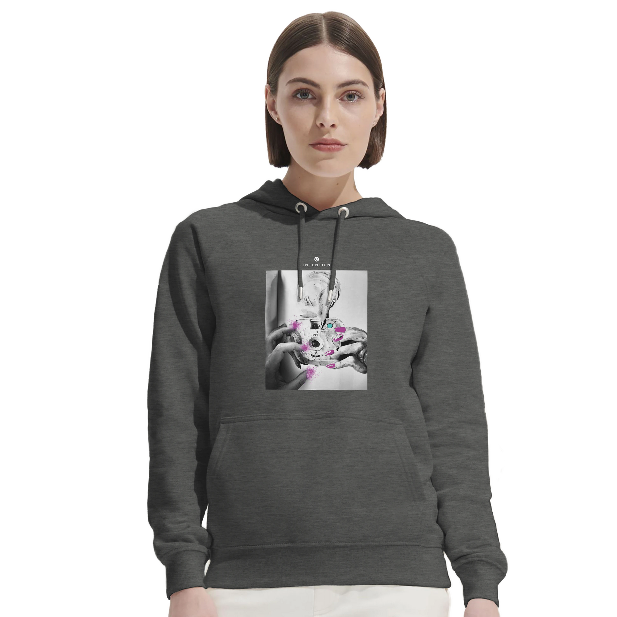 Synergy Synch'd Hands Organic Unisex Hoodie Grey Melange second model front