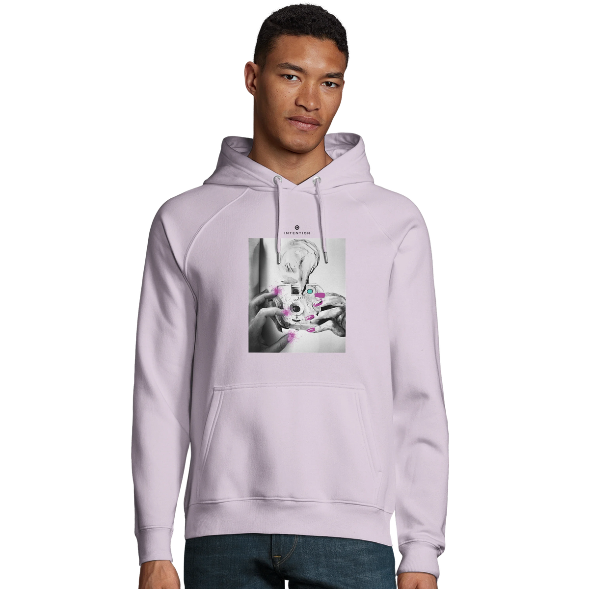 Synergy Synch'd Hands Organic Unisex Hoodie lilak model front