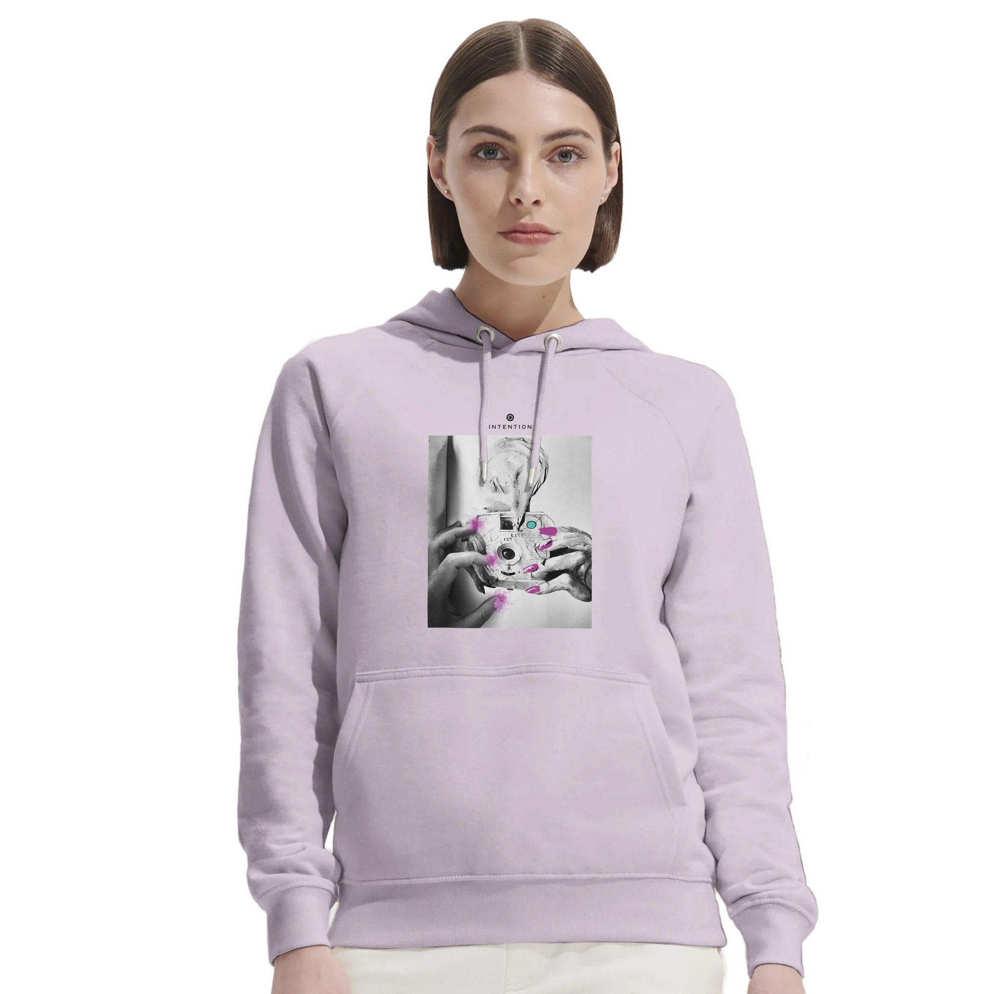 Synergy Synch'd Hands Organic Unisex Hoodie lilak second model front