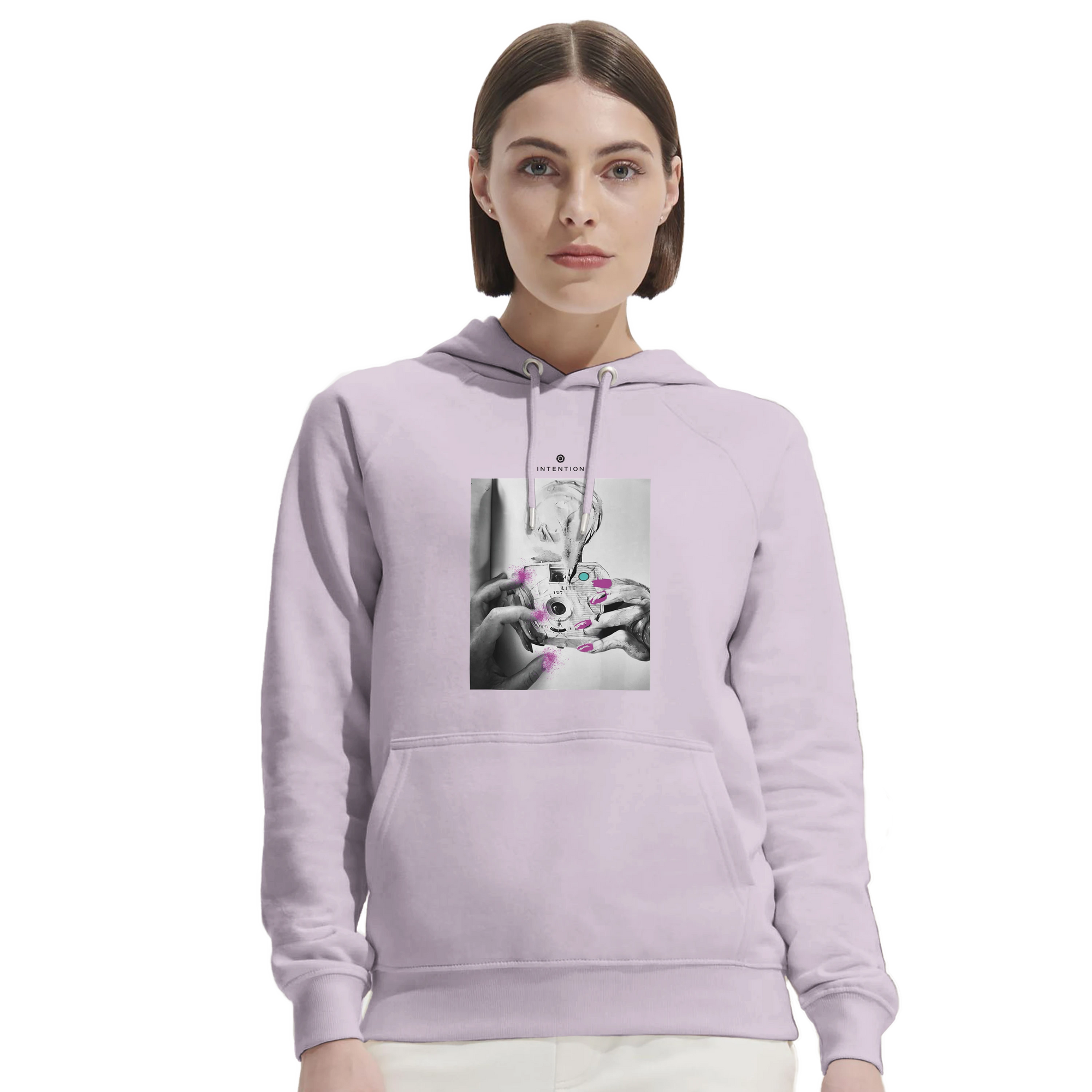 Synergy Synch'd Hands Organic Unisex Hoodie lilak second model front