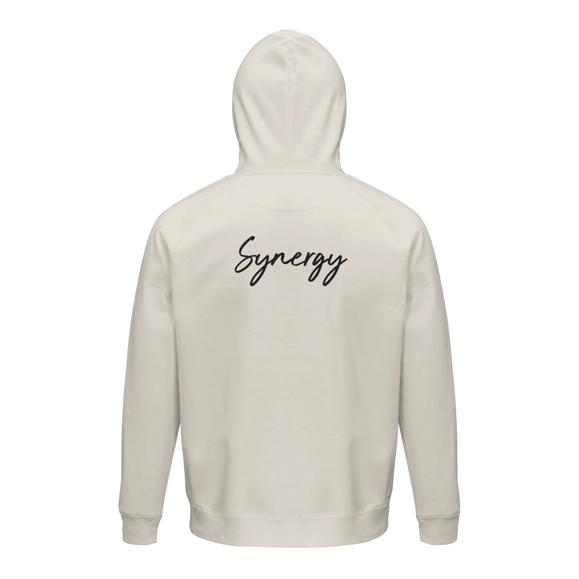 Synergy Synch'd Hands Organic Unisex Hoodie Off White flat back