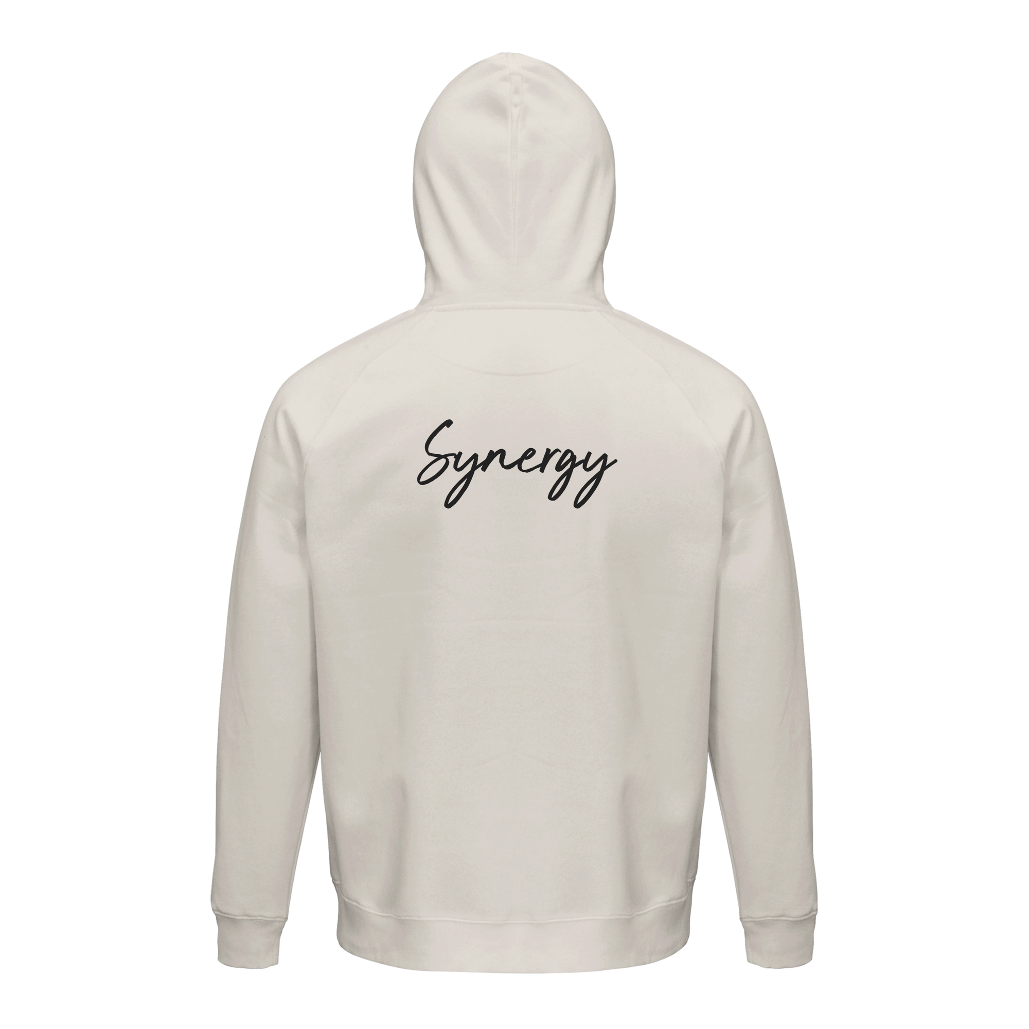 Synergy Synch'd Hands Organic Unisex Hoodie Off White flat back