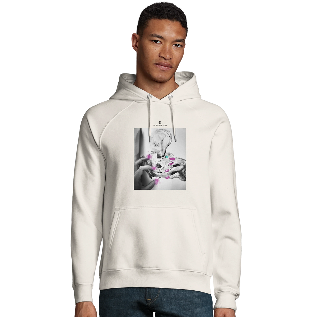 Synergy Synch'd Hands Organic Unisex Hoodie Off White model front