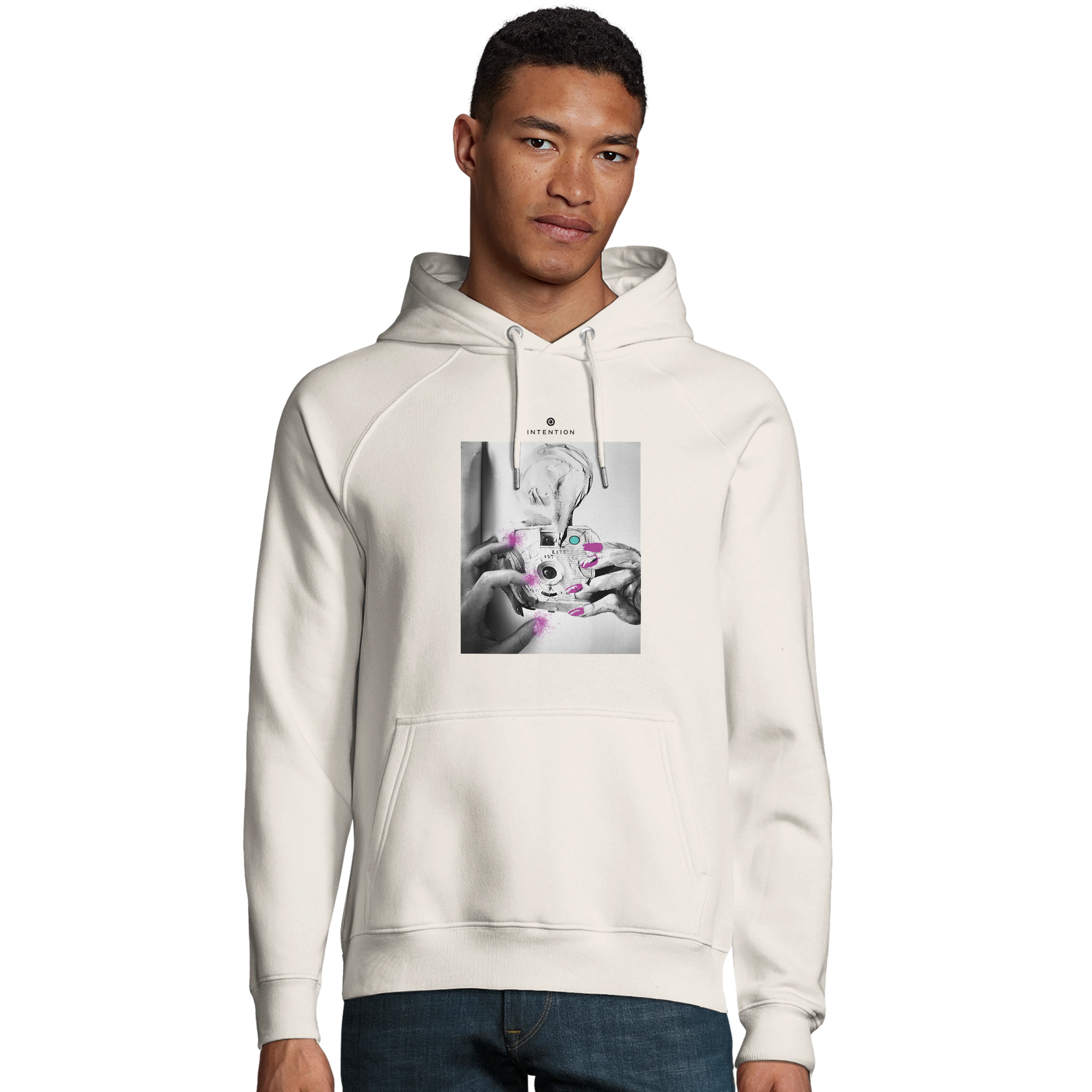 Synergy Synch'd Hands Organic Unisex Hoodie Off White model front