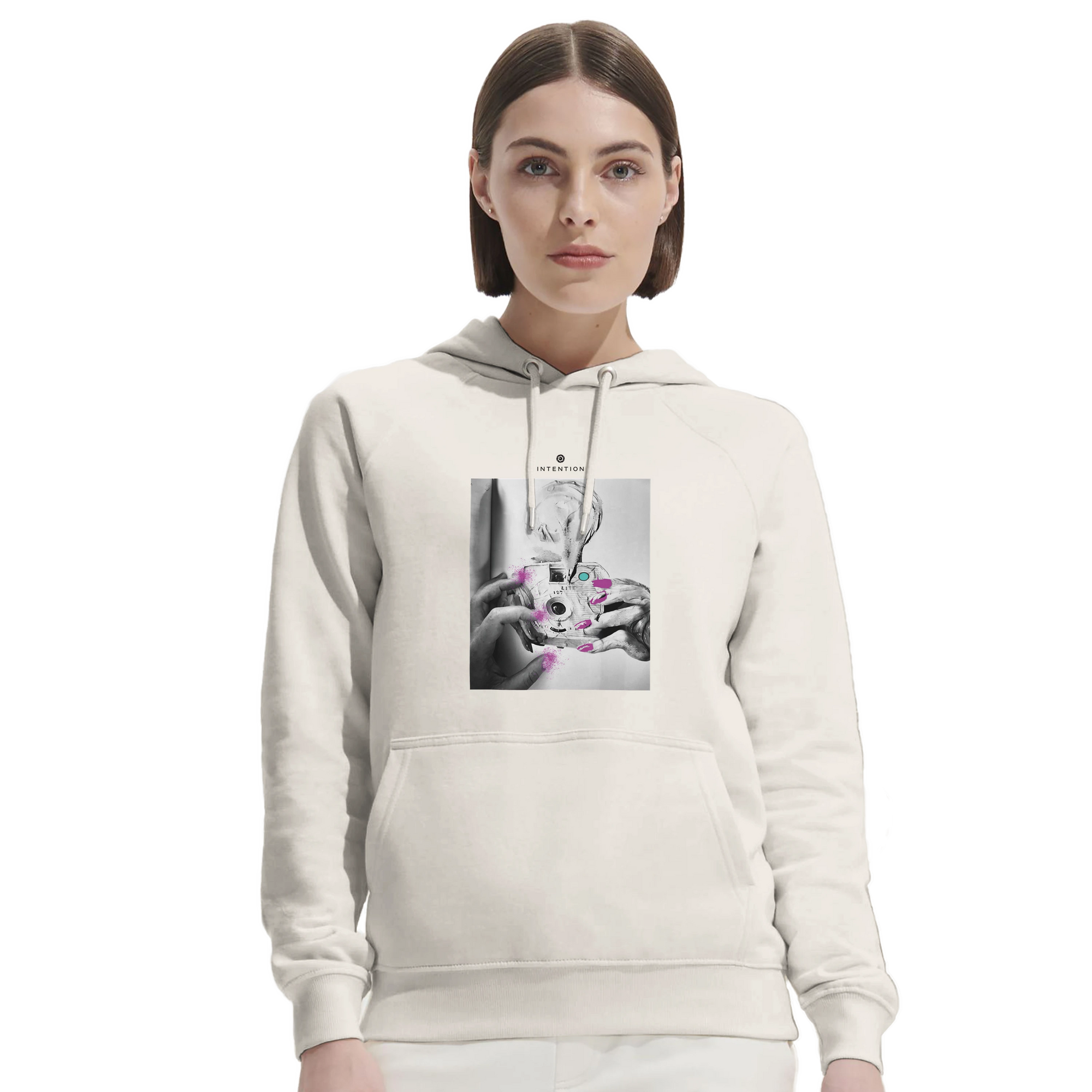 Synergy Synch'd Hands Organic Unisex Hoodie Off White second model front