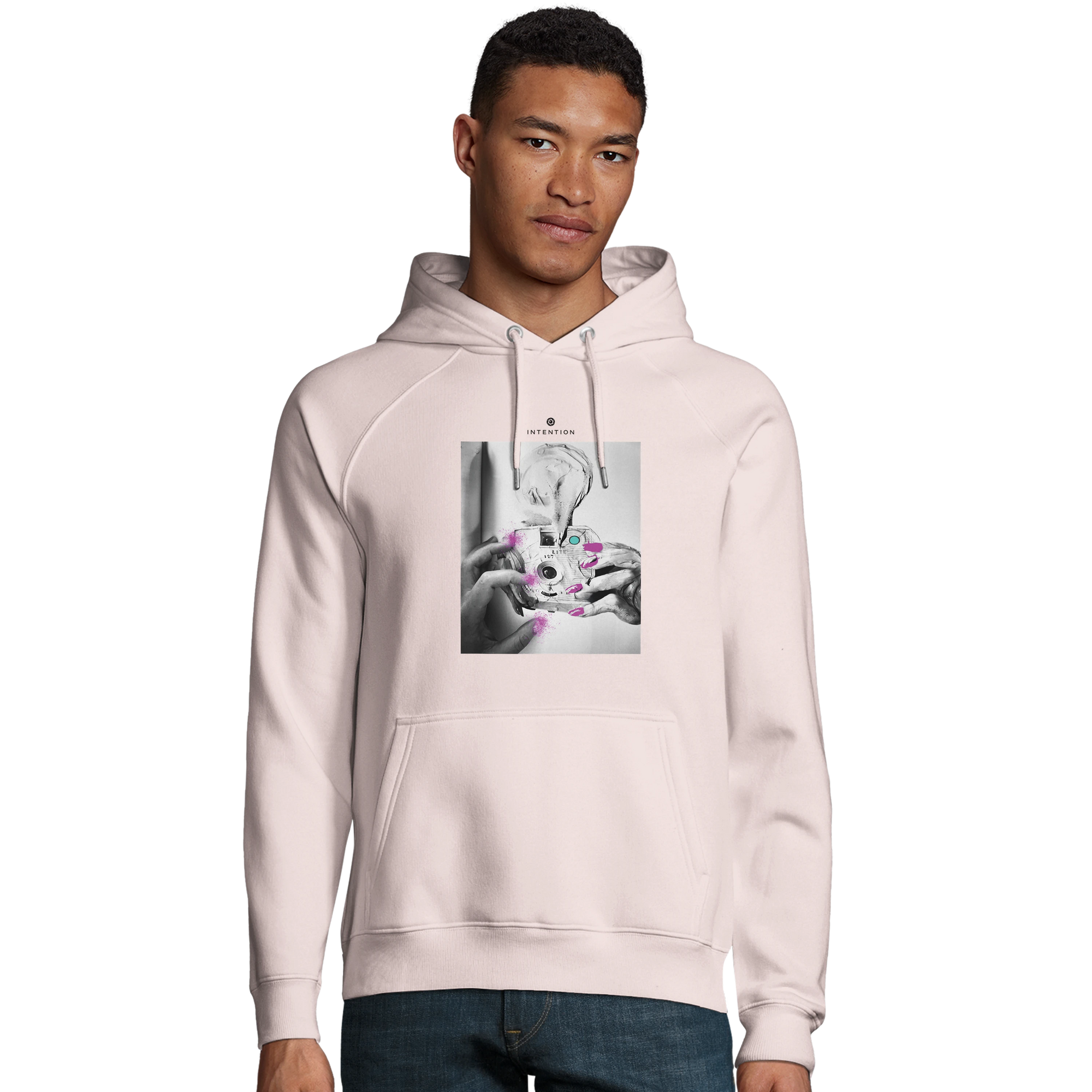 Synergy Synch'd Hands Organic Unisex Hoodie Pale Pink model front