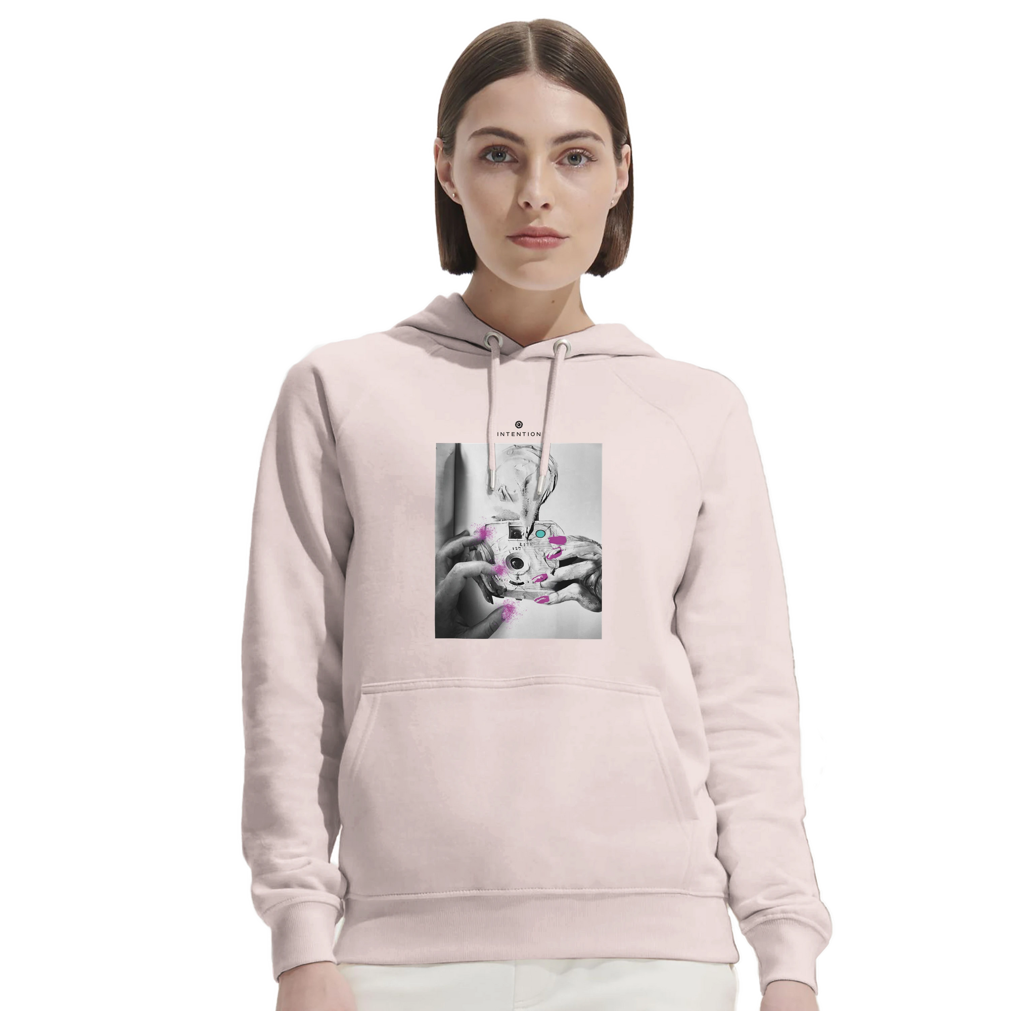 Synergy Synch'd Hands Organic Unisex Hoodie Pale Pink second model front