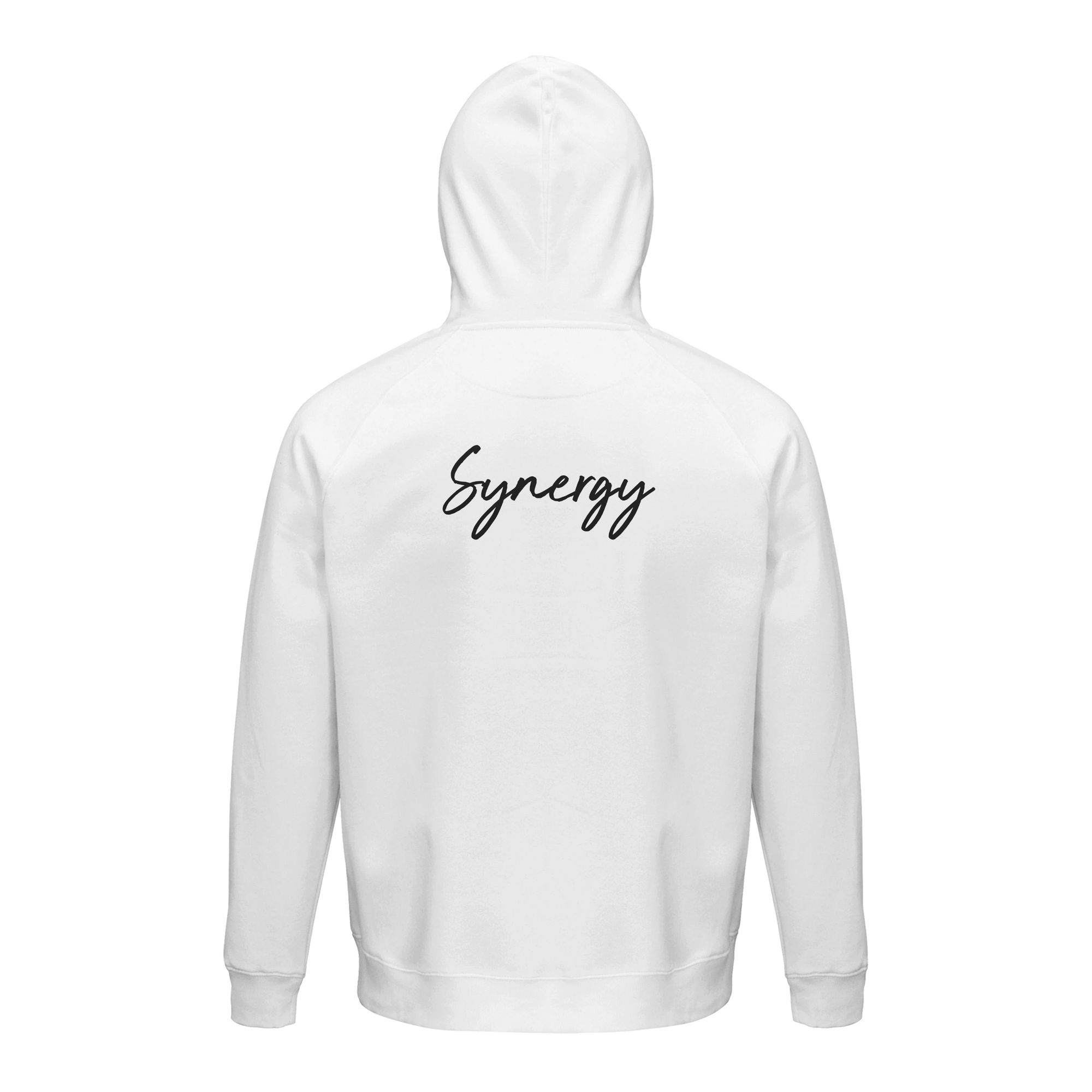 Synergy Synch'd Hands Organic Unisex Hoodie White flat back