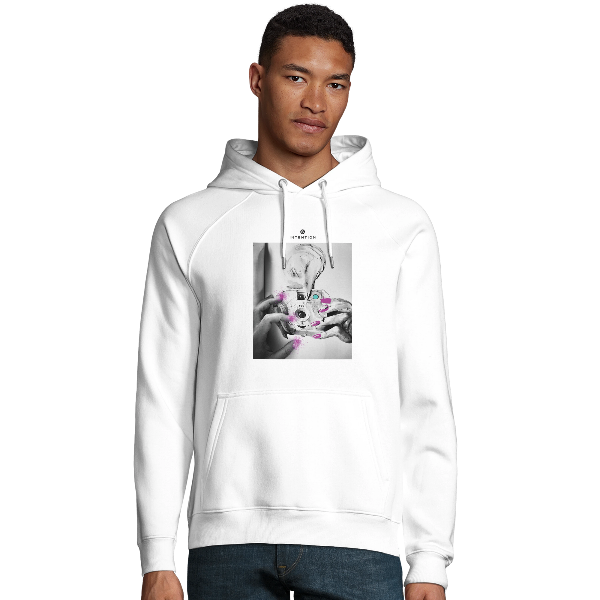 Synergy Synch'd Hands Organic Unisex Hoodie White model front