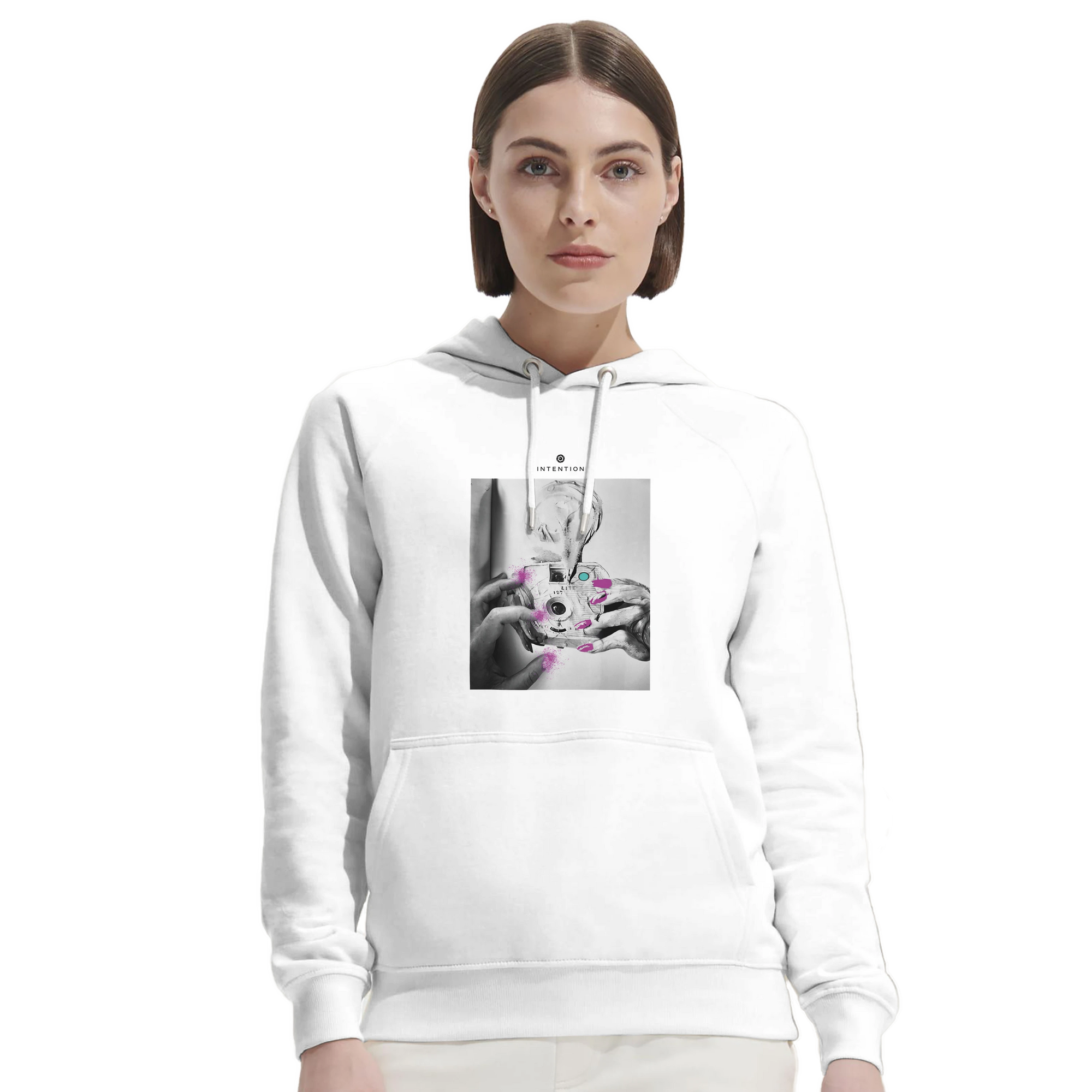 Synergy Synch'd Hands Organic Unisex Hoodie White second model front