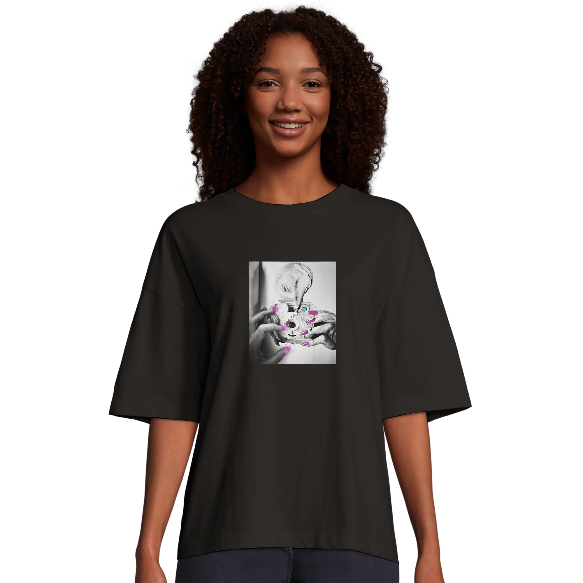 Synergy Synch'd Hands Organic Women's Oversized T-shirt Deep Black model front