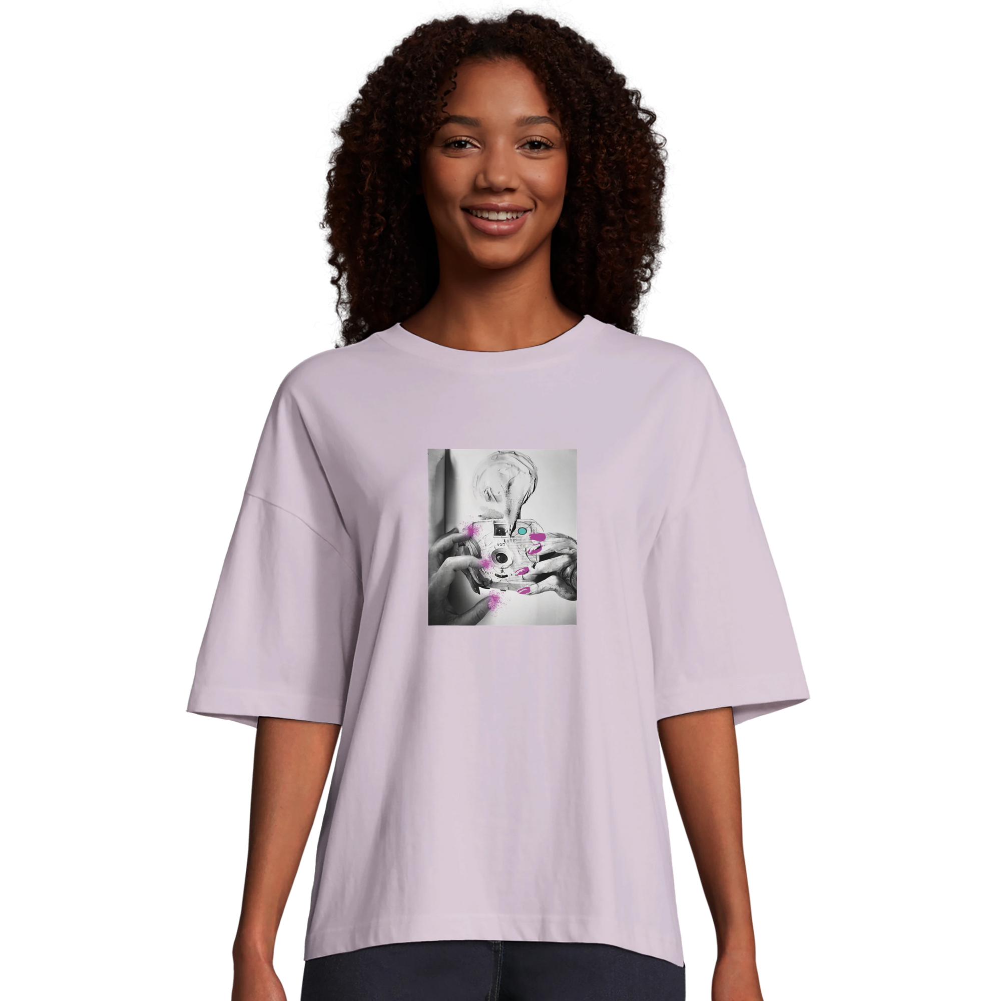 Synergy Synch'd Hands Organic Women's Oversized T-shirt lilak model front