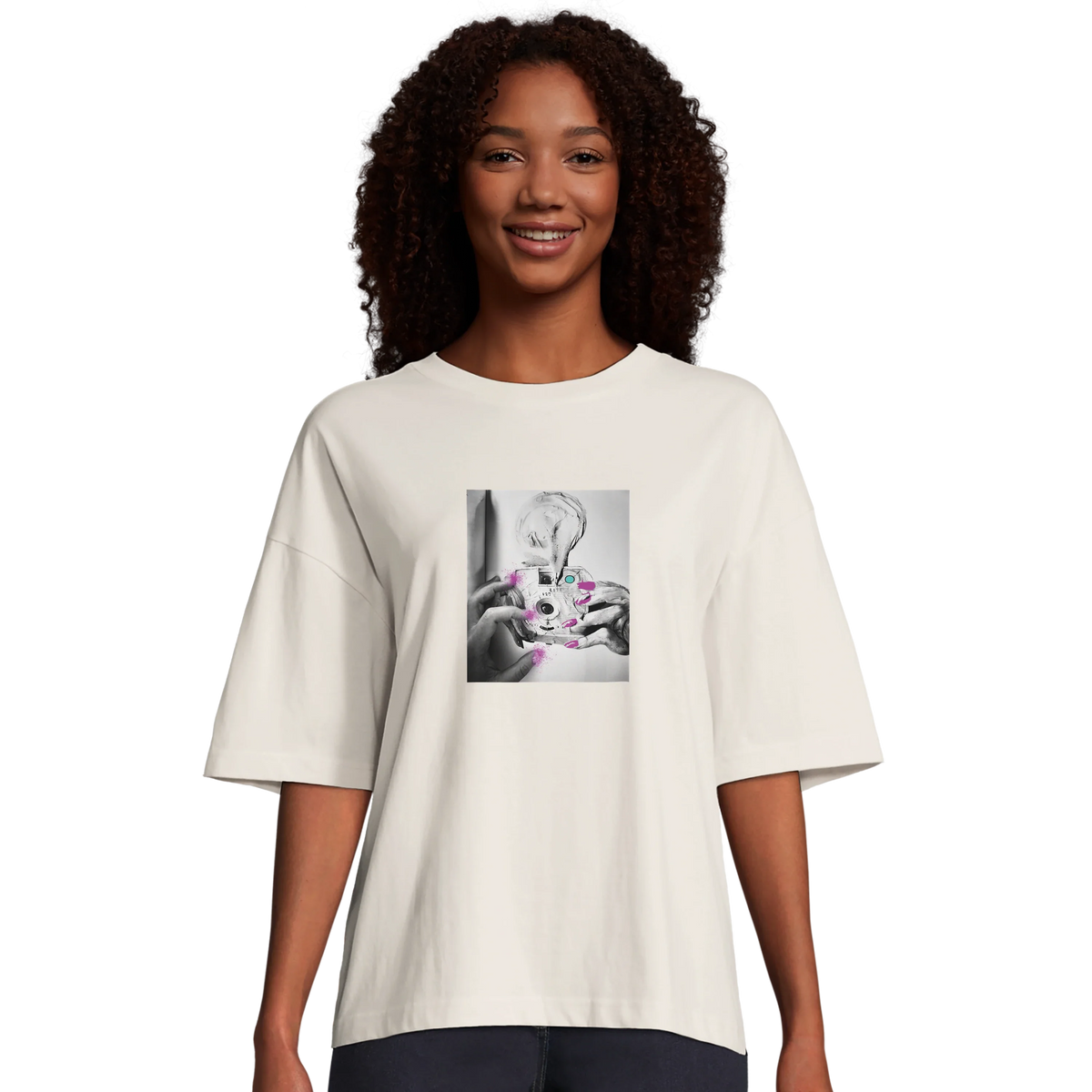 Synergy Synch'd Hands Organic Women's Oversized T-shirt Off White model front