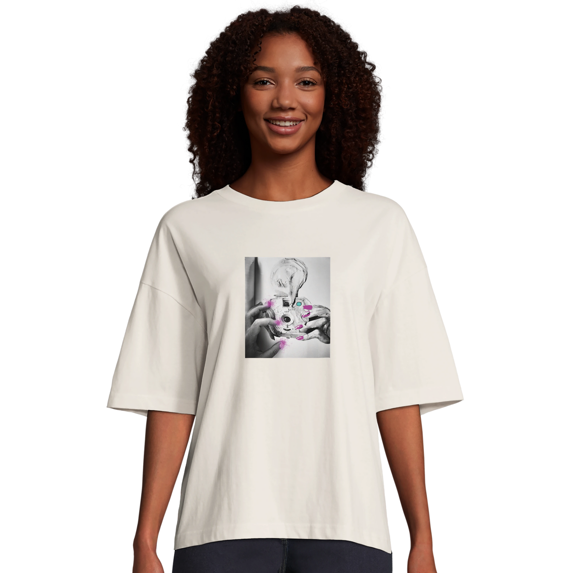 Synergy Synch'd Hands Organic Women's Oversized T-shirt Off White model front