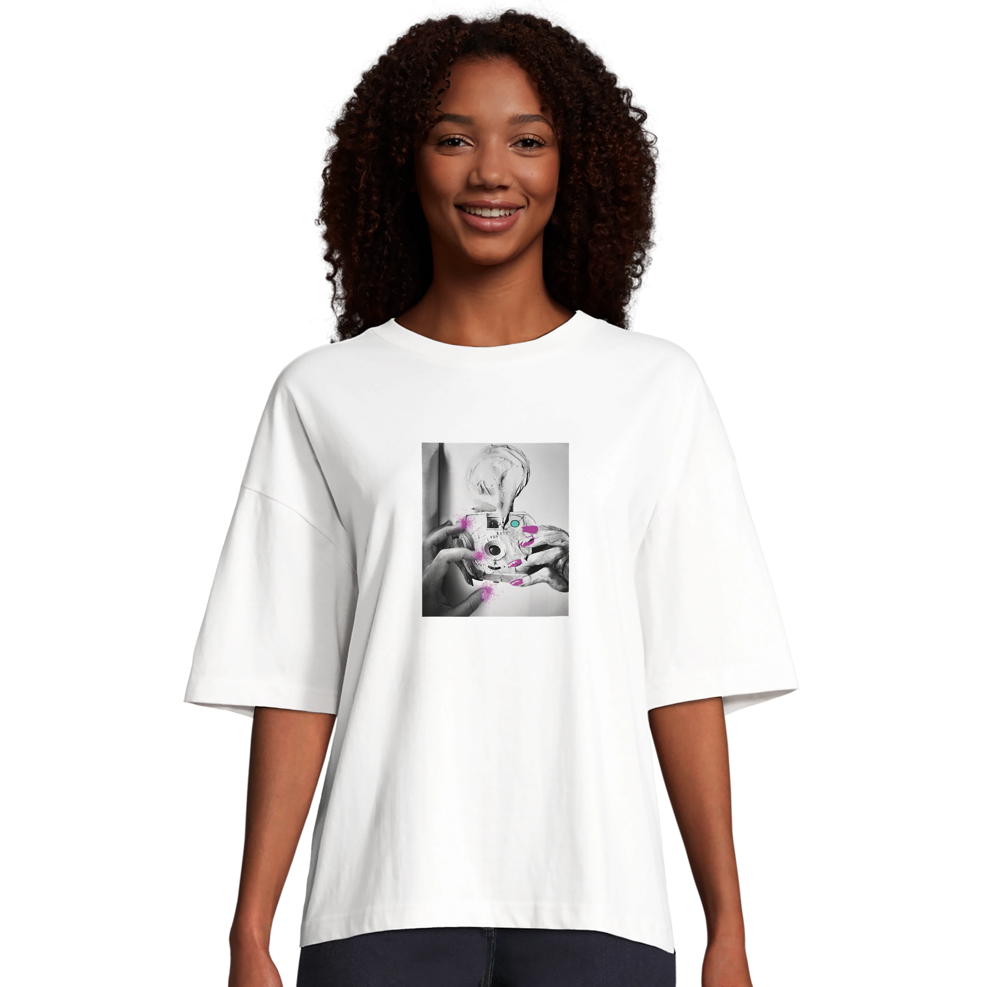 Synergy Synch'd Hands Organic Women's Oversized T-shirt White model front