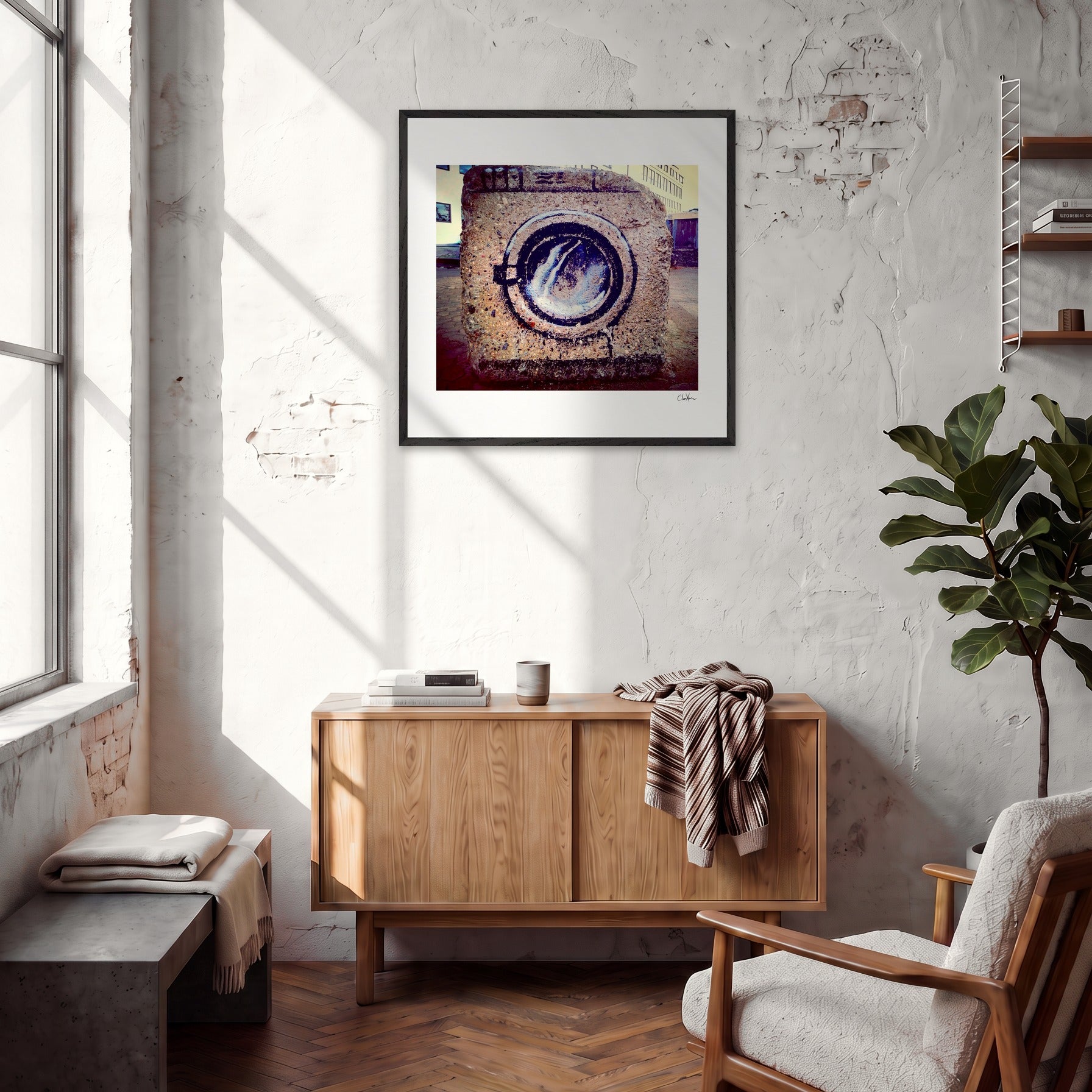 Wash It Framed print 70x70 cm / 28x28″ Black frame in interior